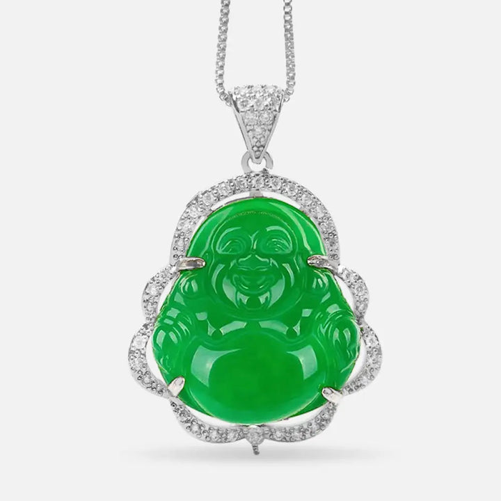BWOOOH Good Luck Laughing Buddha Necklace crafted with vibrant Cyan Jade, soothing Pink Crystal, energizing Citrine, and protective White Jade. Features a 1.26x1.73 inch Laughing Buddha pendant, symbolizing happiness, wealth, and prosperity, worn as a unisex spiritual amulet for abundance and balance. - View 6
