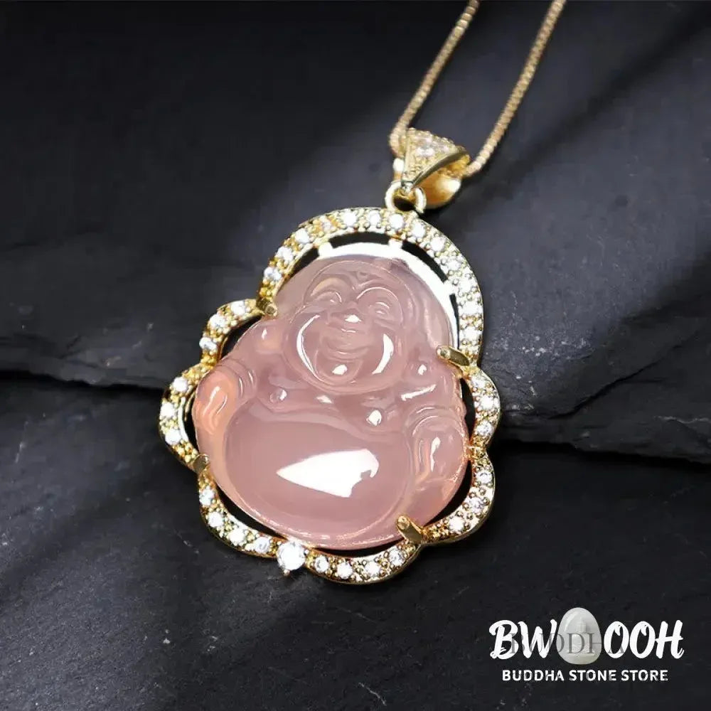 BWOOOH Good Luck Laughing Buddha Necklace crafted with vibrant Cyan Jade, soothing Pink Crystal, energizing Citrine, and protective White Jade. Features a 1.26x1.73 inch Laughing Buddha pendant, symbolizing happiness, wealth, and prosperity, worn as a unisex spiritual amulet for abundance and balance. - View 14