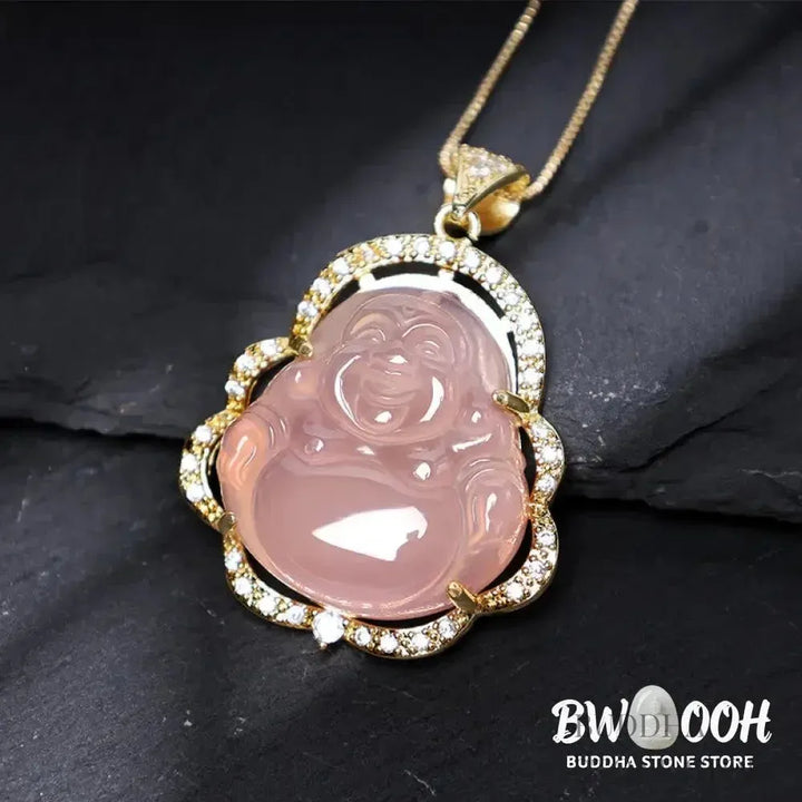 BWOOOH Good Luck Laughing Buddha Necklace crafted with vibrant Cyan Jade, soothing Pink Crystal, energizing Citrine, and protective White Jade. Features a 1.26x1.73 inch Laughing Buddha pendant, symbolizing happiness, wealth, and prosperity, worn as a unisex spiritual amulet for abundance and balance. - View 14