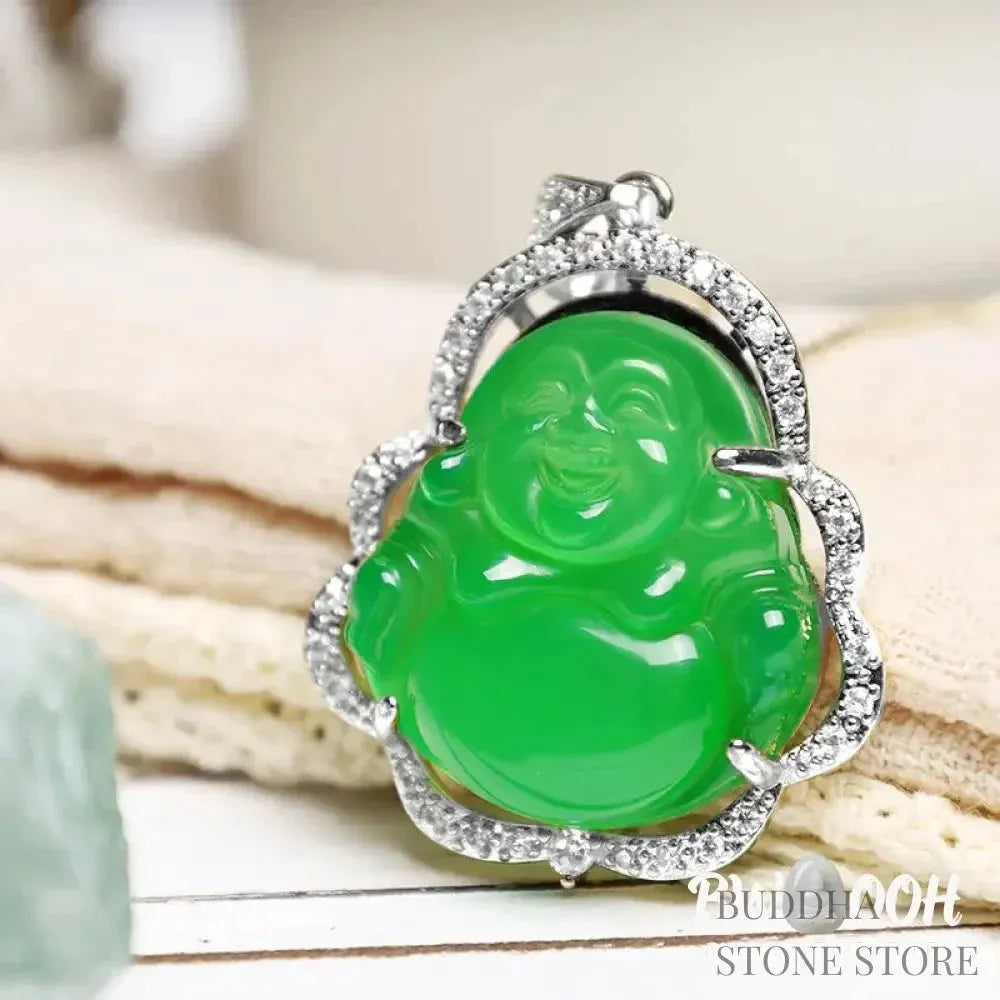 BWOOOH Good Luck Laughing Buddha Necklace crafted with vibrant Cyan Jade, soothing Pink Crystal, energizing Citrine, and protective White Jade. Features a 1.26x1.73 inch Laughing Buddha pendant, symbolizing happiness, wealth, and prosperity, worn as a unisex spiritual amulet for abundance and balance. - View 10