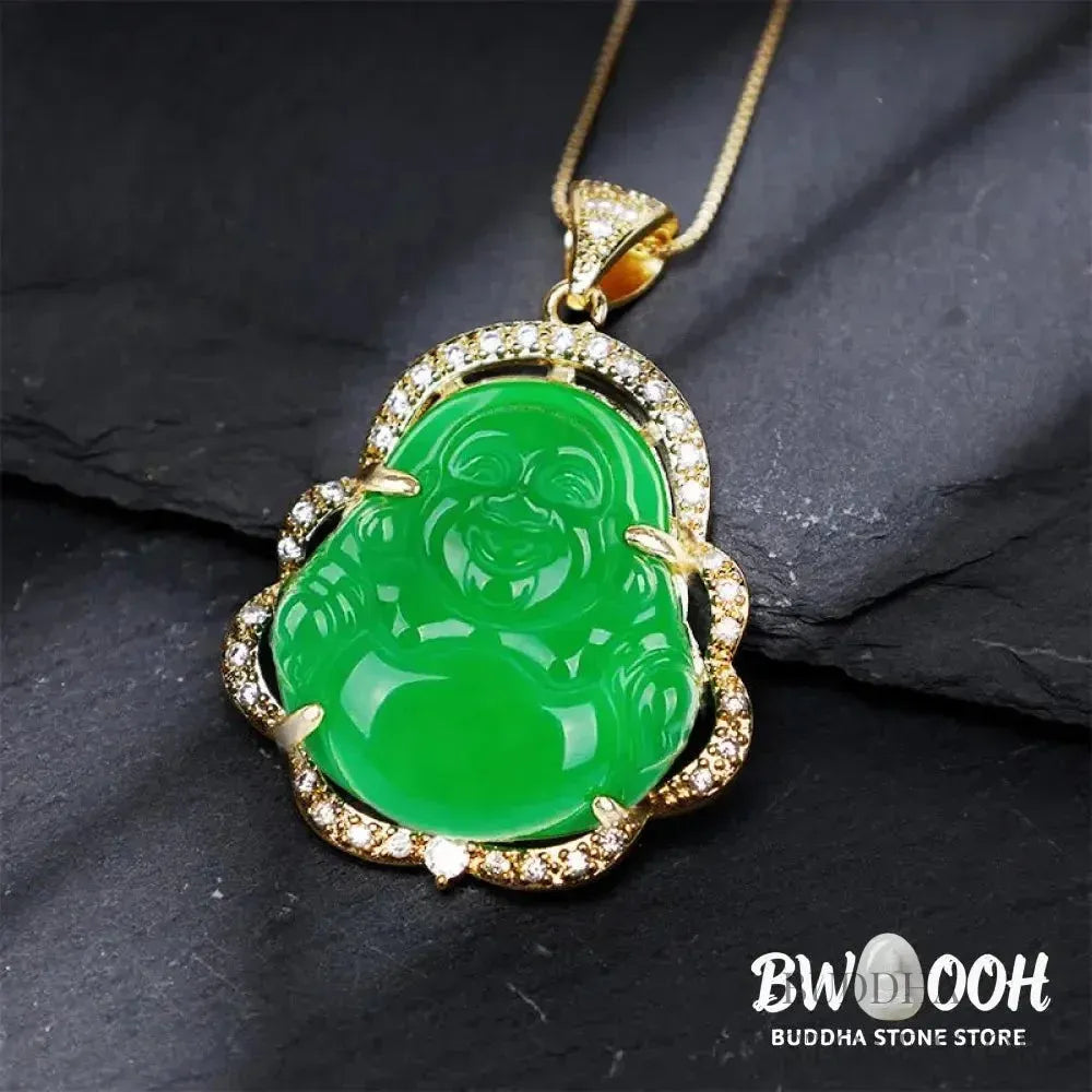 BWOOOH Good Luck Laughing Buddha Necklace crafted with vibrant Cyan Jade, soothing Pink Crystal, energizing Citrine, and protective White Jade. Features a 1.26x1.73 inch Laughing Buddha pendant, symbolizing happiness, wealth, and prosperity, worn as a unisex spiritual amulet for abundance and balance. - View 3