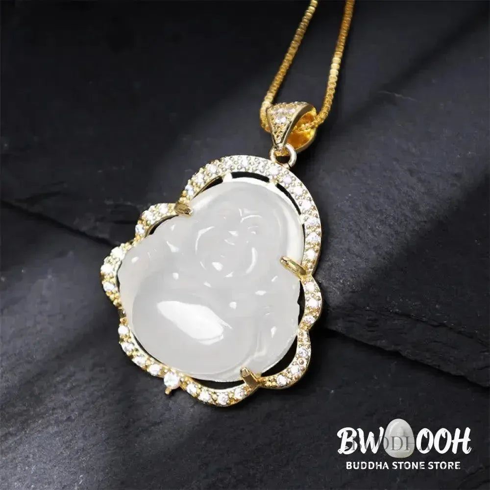 BWOOOH Good Luck Laughing Buddha Necklace crafted with vibrant Cyan Jade, soothing Pink Crystal, energizing Citrine, and protective White Jade. Features a 1.26x1.73 inch Laughing Buddha pendant, symbolizing happiness, wealth, and prosperity, worn as a unisex spiritual amulet for abundance and balance. - View 22