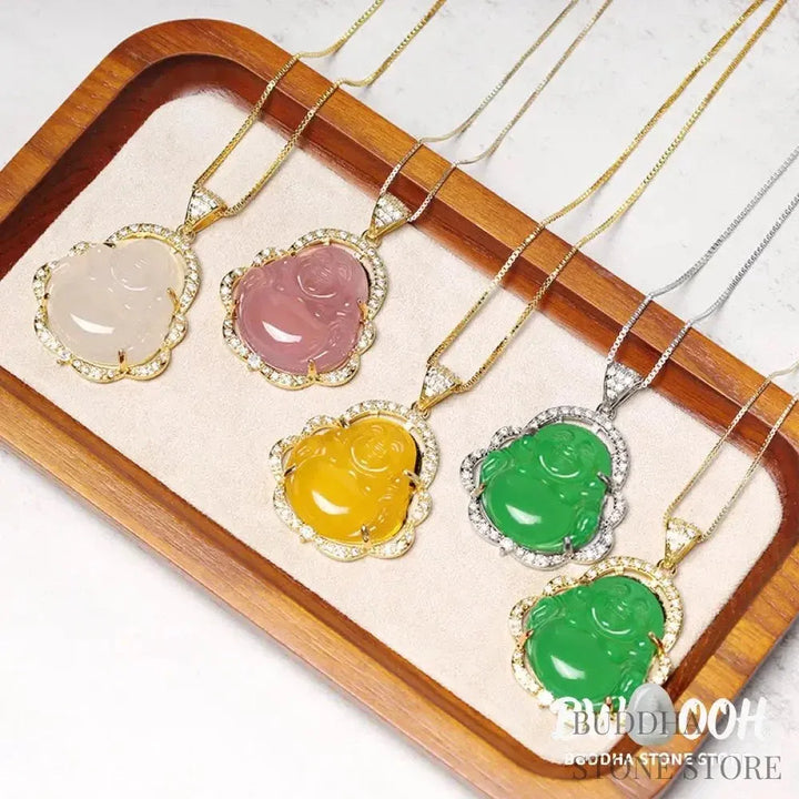 BWOOOH Good Luck Laughing Buddha Necklace crafted with vibrant Cyan Jade, soothing Pink Crystal, energizing Citrine, and protective White Jade. Features a 1.26x1.73 inch Laughing Buddha pendant, symbolizing happiness, wealth, and prosperity, worn as a unisex spiritual amulet for abundance and balance. - View 5
