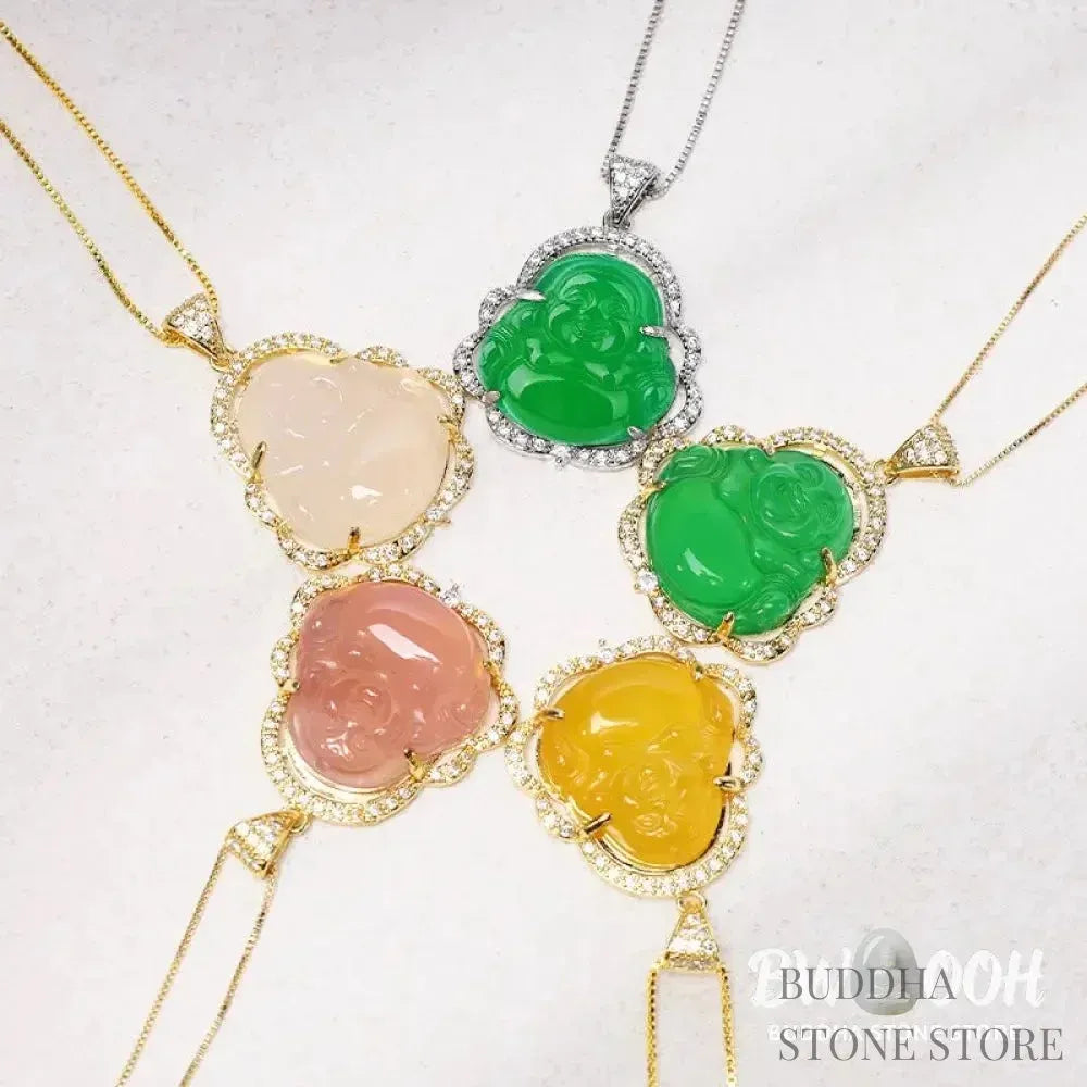 BWOOOH Good Luck Laughing Buddha Necklace crafted with vibrant Cyan Jade, soothing Pink Crystal, energizing Citrine, and protective White Jade. Features a 1.26x1.73 inch Laughing Buddha pendant, symbolizing happiness, wealth, and prosperity, worn as a unisex spiritual amulet for abundance and balance. - View 11