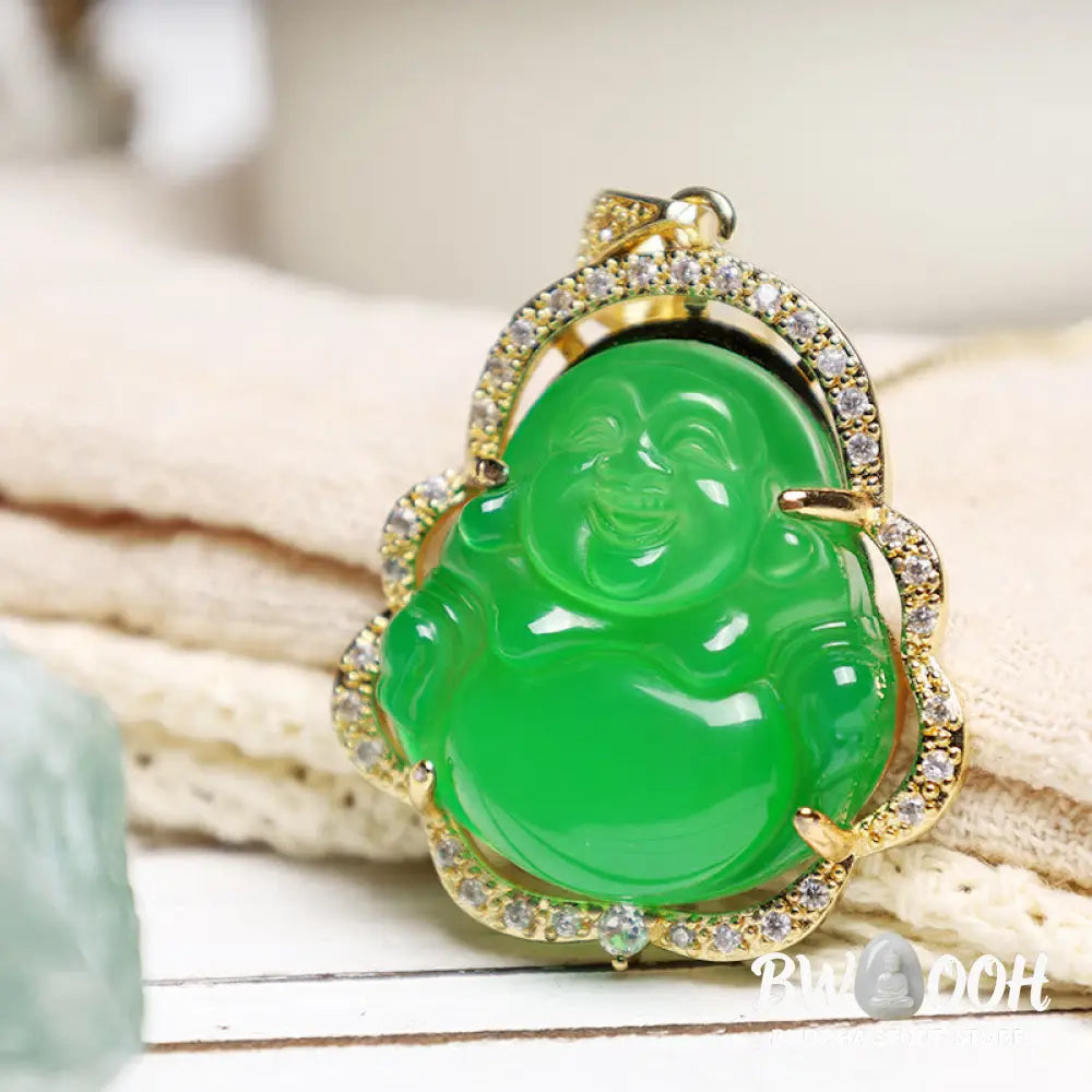 BWOOOH Good Luck Laughing Buddha Necklace crafted with vibrant Cyan Jade, soothing Pink Crystal, energizing Citrine, and protective White Jade. Features a 1.26x1.73 inch Laughing Buddha pendant, symbolizing happiness, wealth, and prosperity, worn as a unisex spiritual amulet for abundance and balance. - View 4