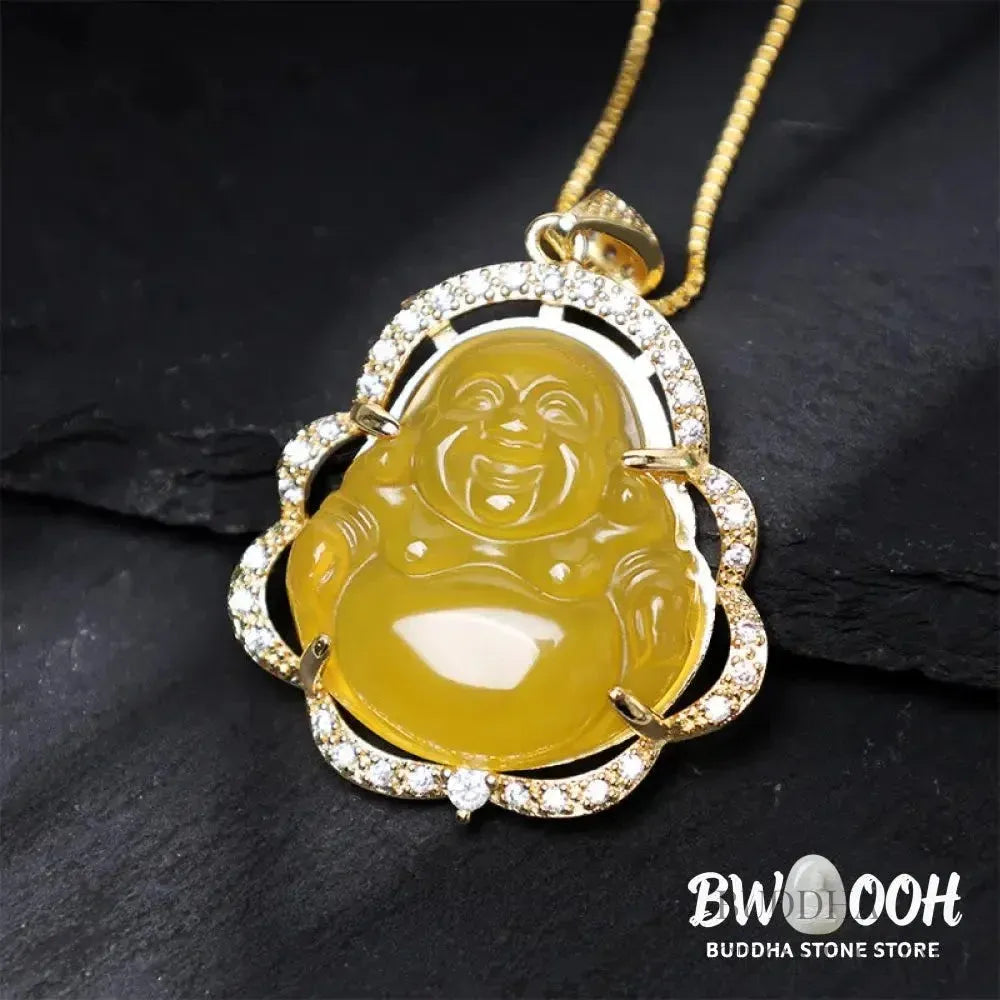 BWOOOH Good Luck Laughing Buddha Necklace crafted with vibrant Cyan Jade, soothing Pink Crystal, energizing Citrine, and protective White Jade. Features a 1.26x1.73 inch Laughing Buddha pendant, symbolizing happiness, wealth, and prosperity, worn as a unisex spiritual amulet for abundance and balance. - View 18