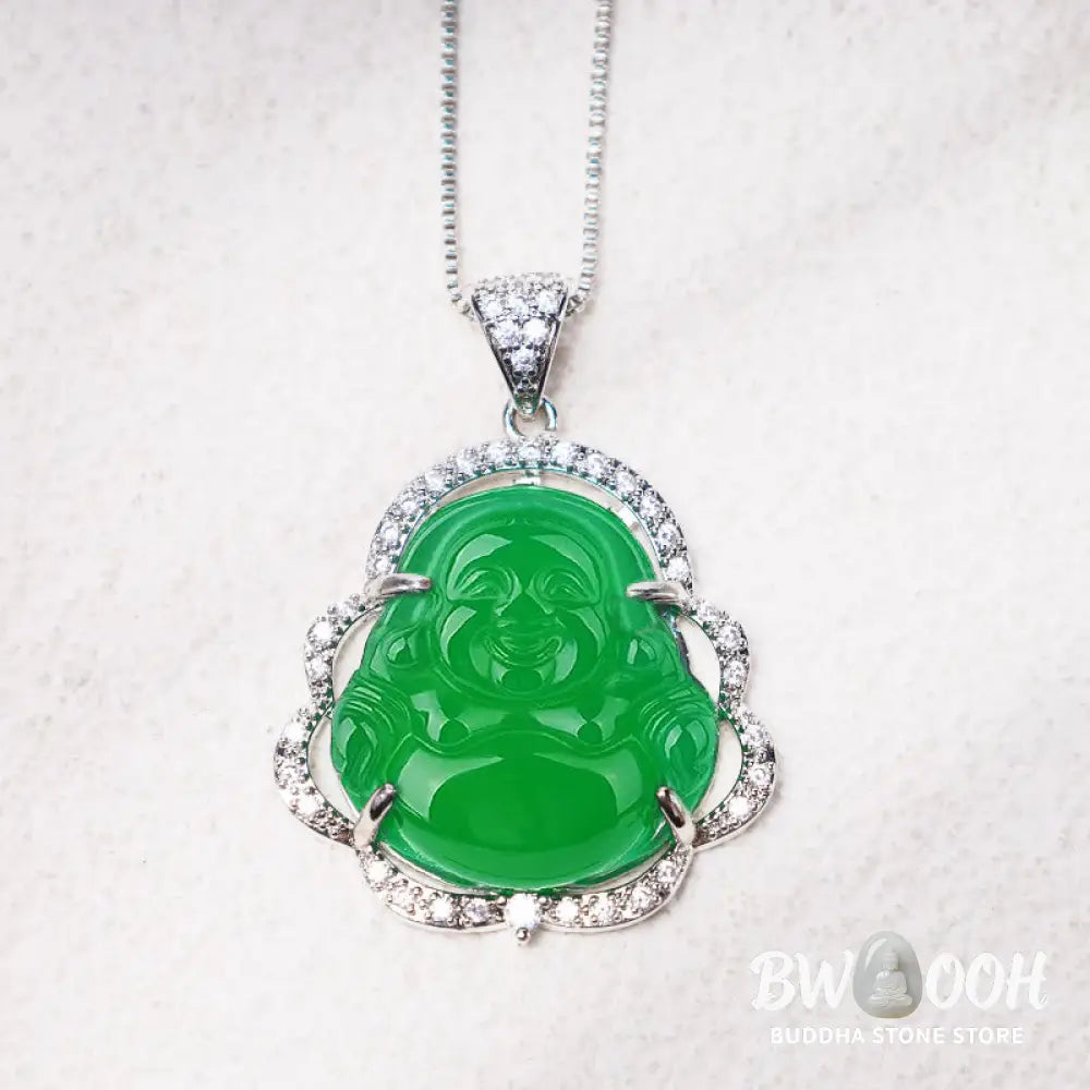 BWOOOH Good Luck Laughing Buddha Necklace crafted with vibrant Cyan Jade, soothing Pink Crystal, energizing Citrine, and protective White Jade. Features a 1.26x1.73 inch Laughing Buddha pendant, symbolizing happiness, wealth, and prosperity, worn as a unisex spiritual amulet for abundance and balance. - View 8