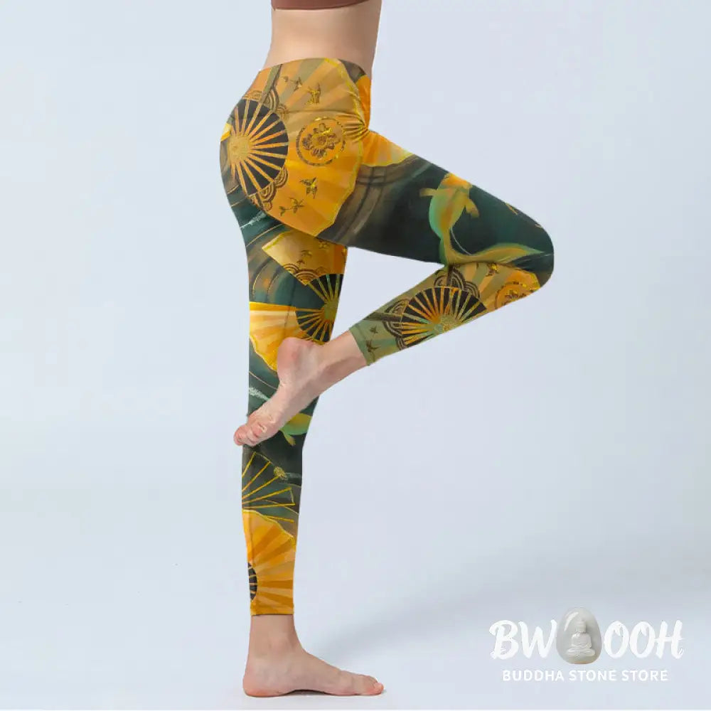 Buddha Stones Gorgeous Folding Fan Koi Fish Print Gym Leggings Women&