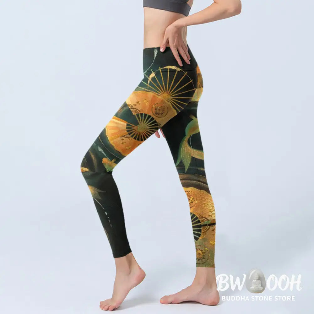 Buddha Stones Gorgeous Folding Fan Koi Fish Print Gym Leggings Women&