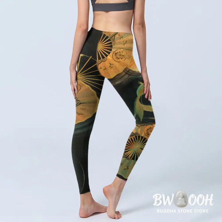 Buddha Stones Gorgeous Folding Fan Koi Fish Print Gym Leggings Women&