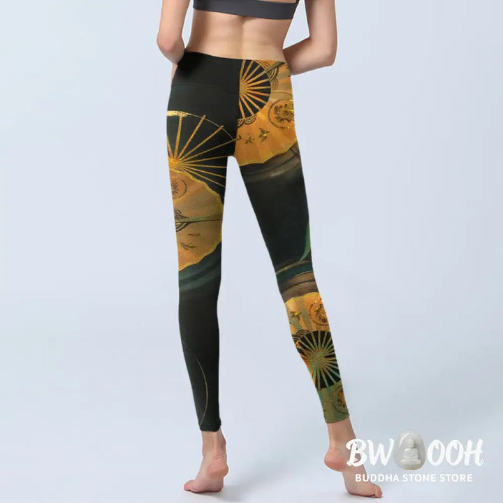 Buddha Stones Gorgeous Folding Fan Koi Fish Print Gym Leggings Women&
