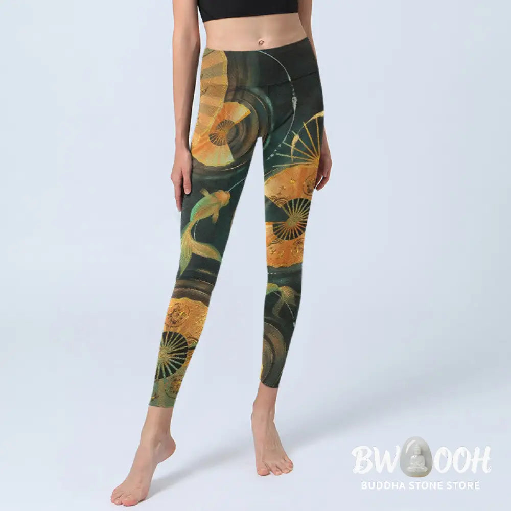 Buddha Stones Gorgeous Folding Fan Koi Fish Print Gym Leggings Women&