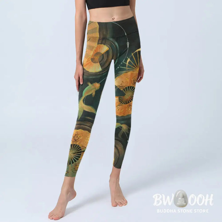 Buddha Stones Gorgeous Folding Fan Koi Fish Print Gym Leggings Women&