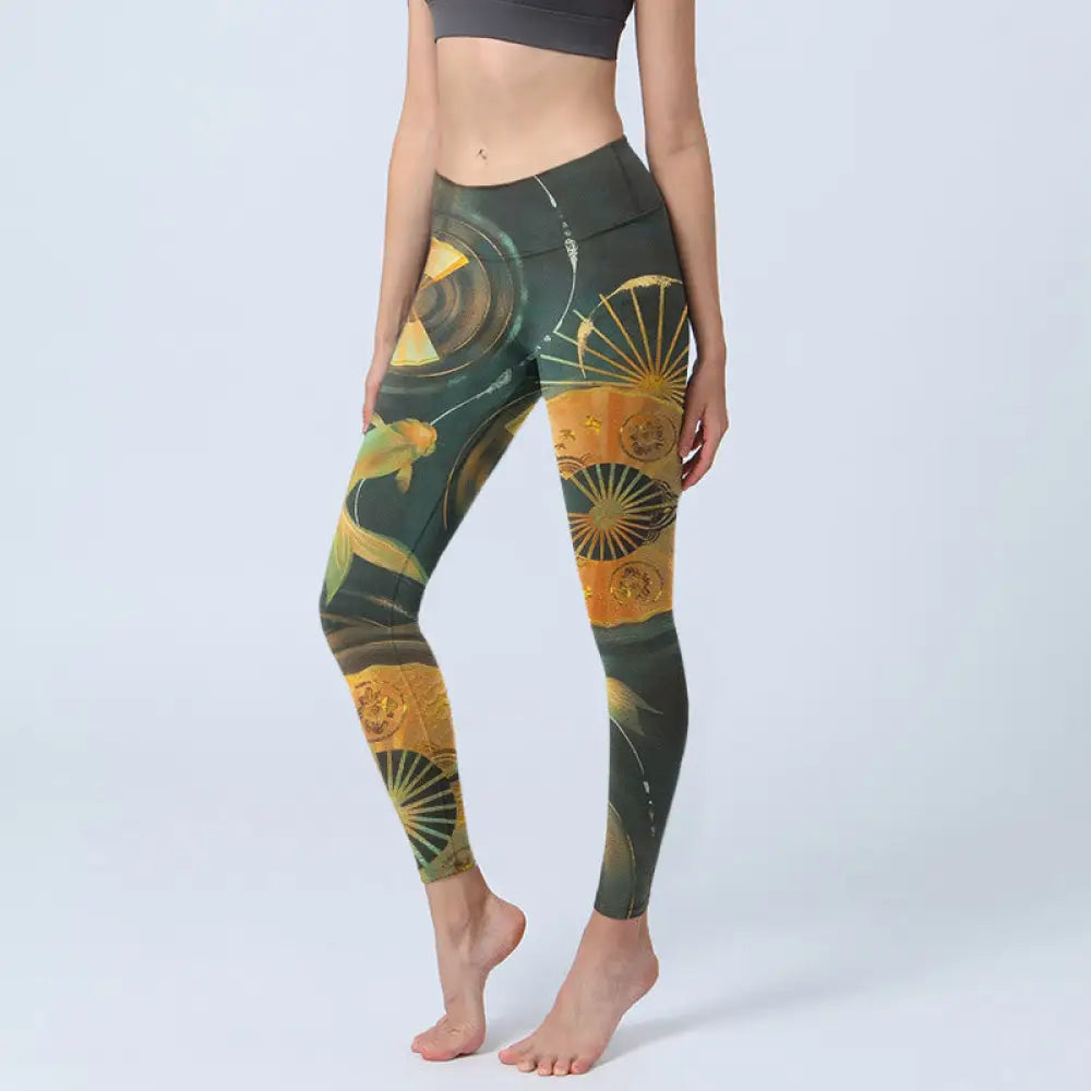 BWOOOH koi fish print yoga leggings - Gorgeous Folding Fan Koi Fish Print Gym 