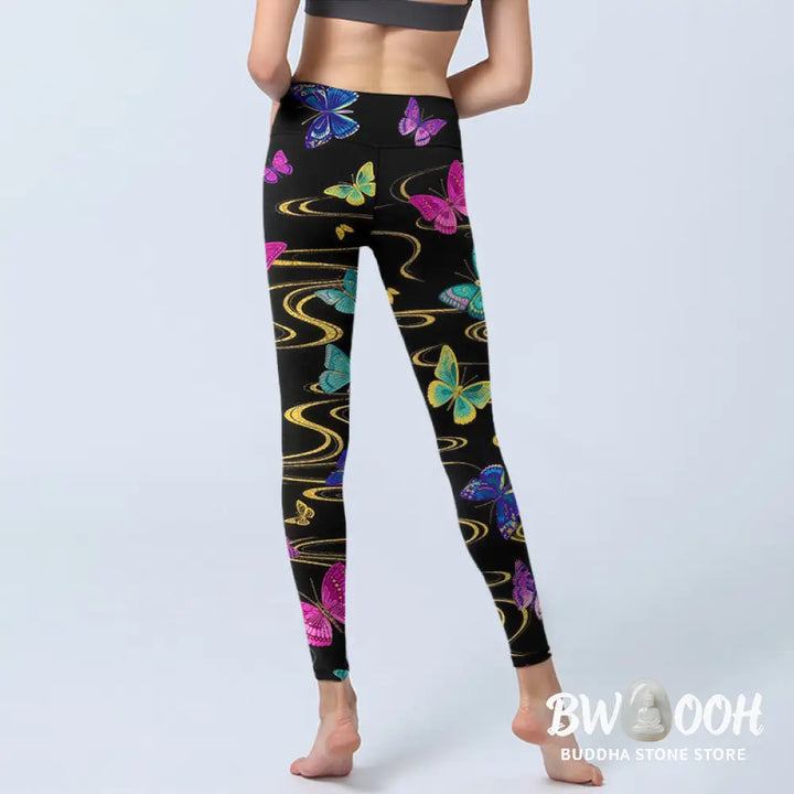 Buddha Stones Gorgeous High Contrast Butterfly Pattern Print Gym Leggings Women&
