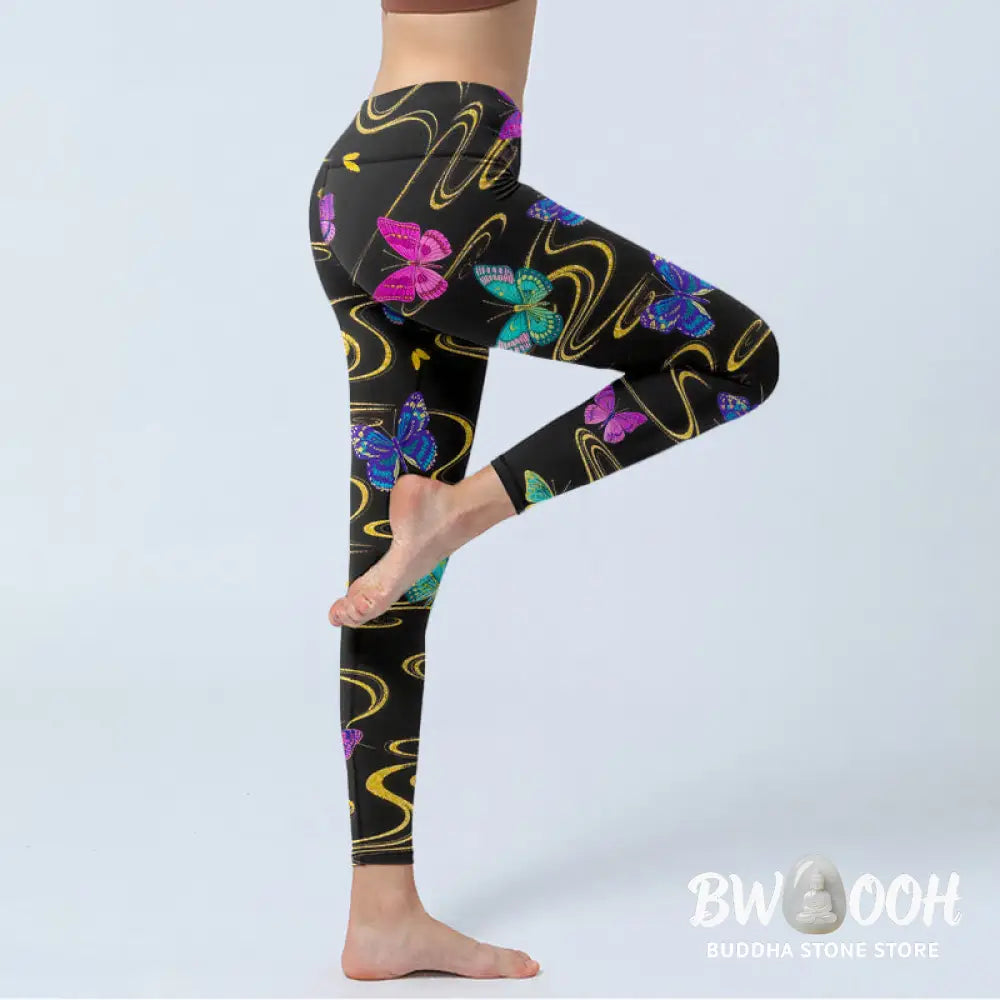 Buddha Stones Gorgeous High Contrast Butterfly Pattern Print Gym Leggings Women&