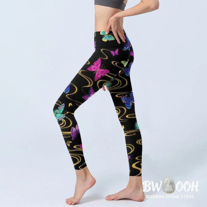Buddha Stones Gorgeous High Contrast Butterfly Pattern Print Gym Leggings Women&
