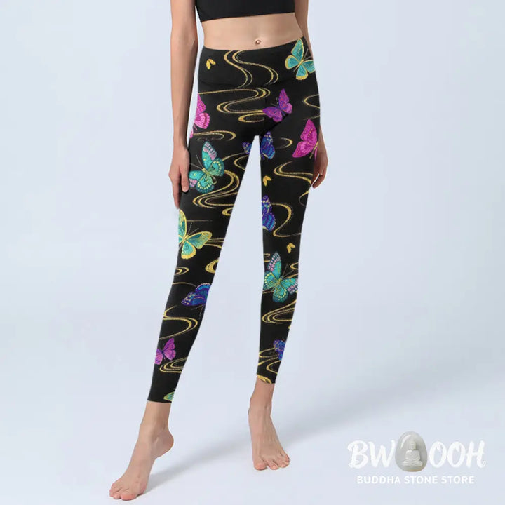 Buddha Stones Gorgeous High Contrast Butterfly Pattern Print Gym Leggings Women&