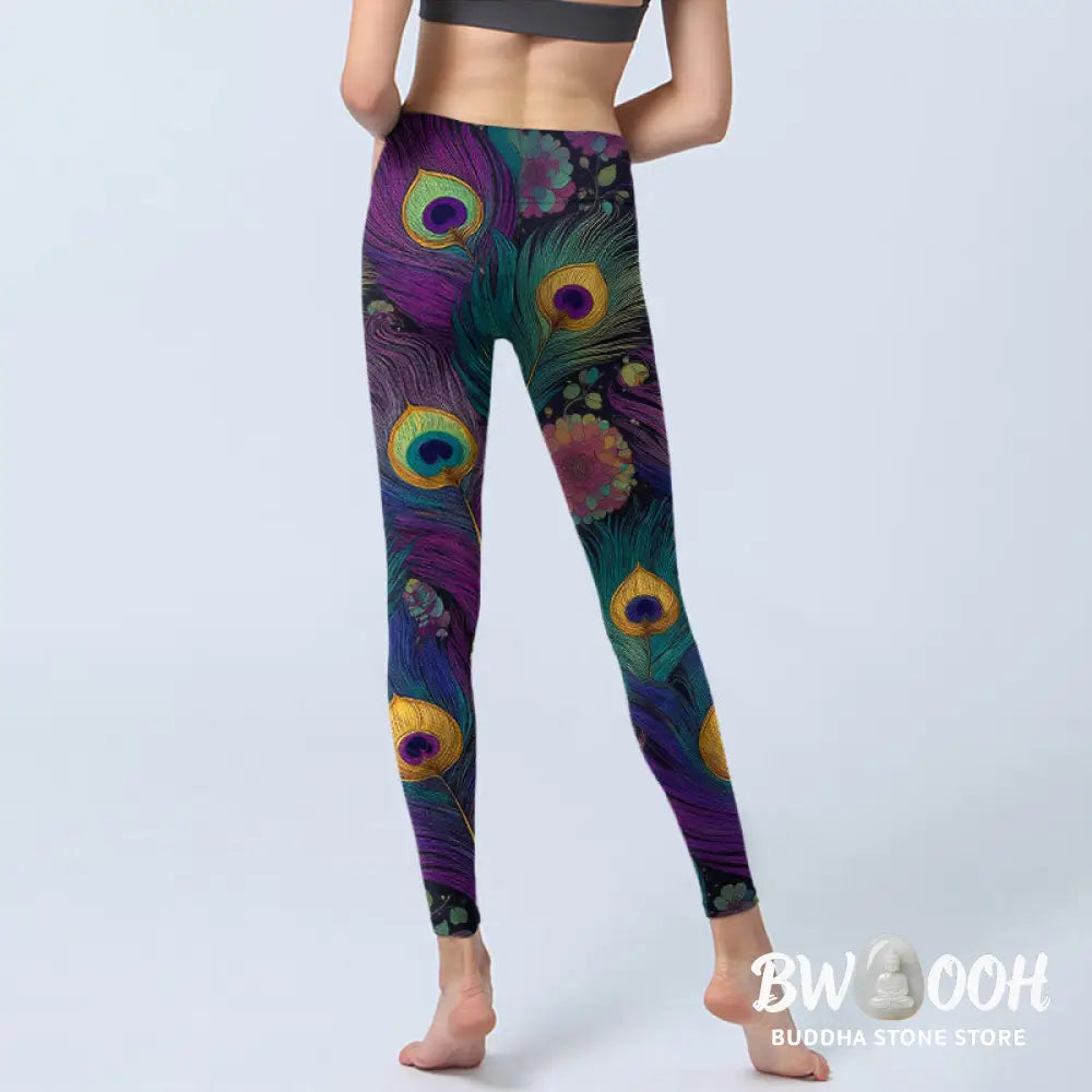 BWOOOH peacock print yoga leggings - Gorgeous Peacock Feather Flower Pattern 