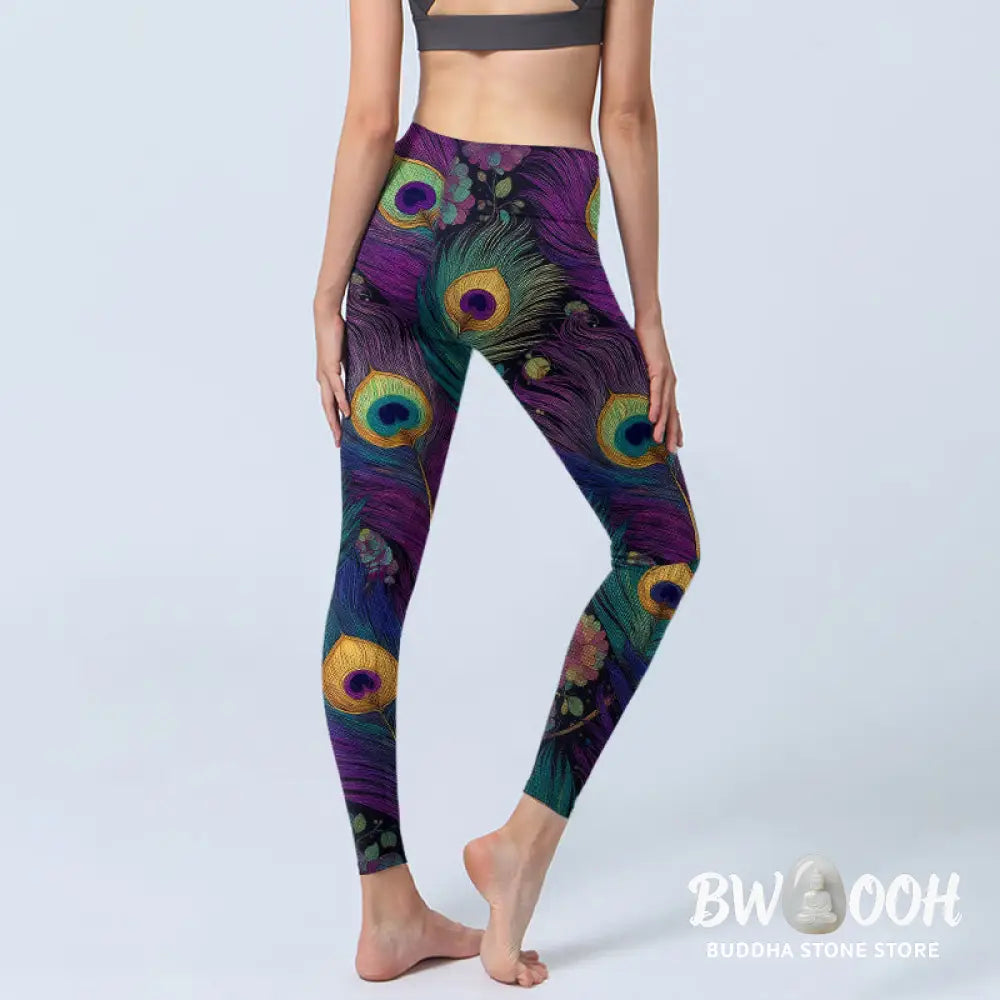 BWOOOH peacock print yoga leggings - Gorgeous Peacock Feather Flower Pattern 