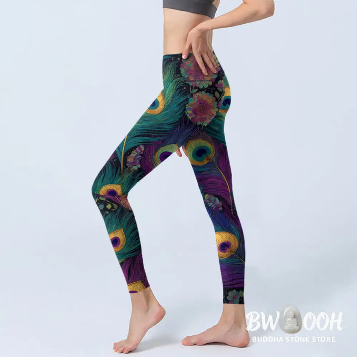 BWOOOH peacock print yoga leggings - Gorgeous Peacock Feather Flower Pattern 