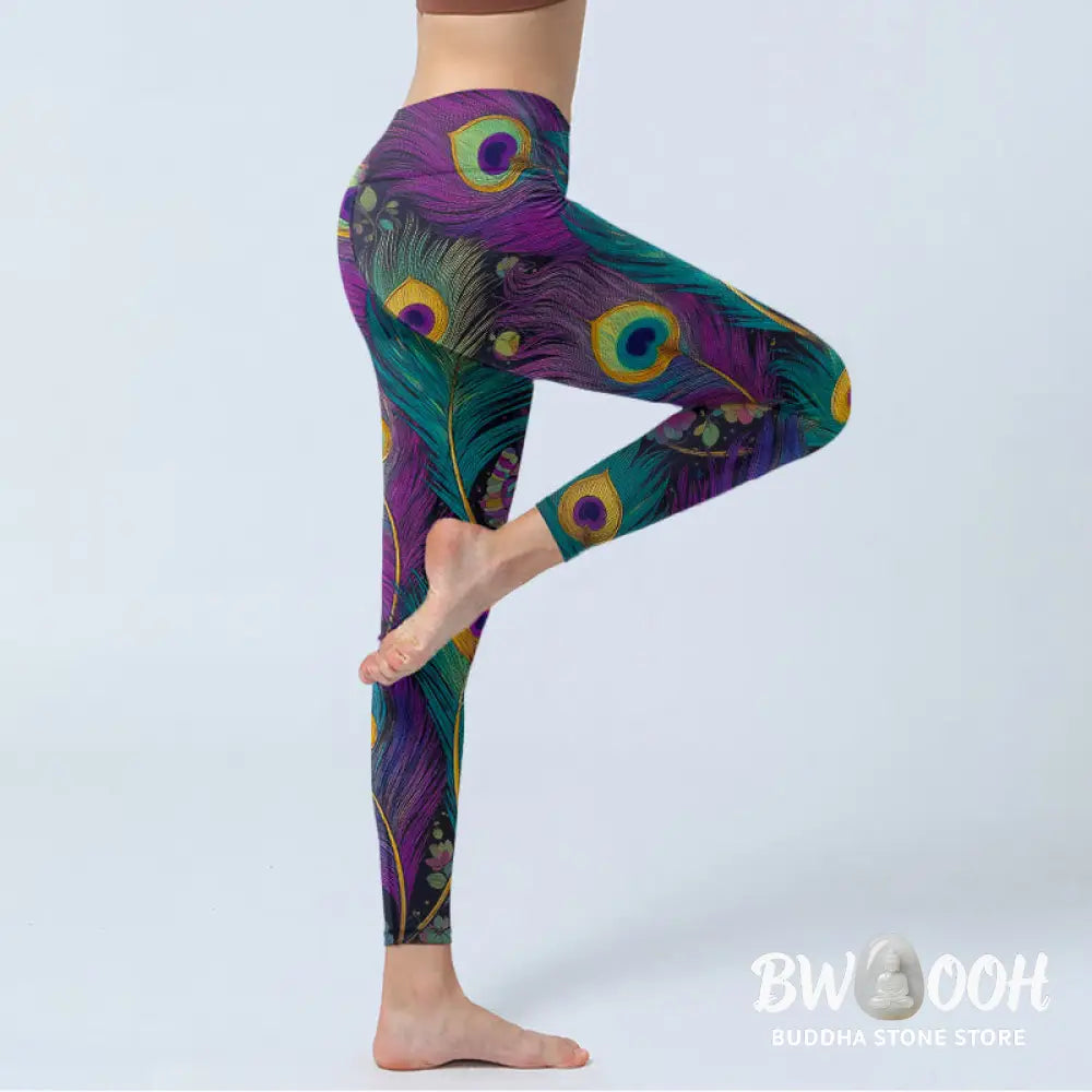 BWOOOH peacock print yoga leggings - Gorgeous Peacock Feather Flower Pattern 