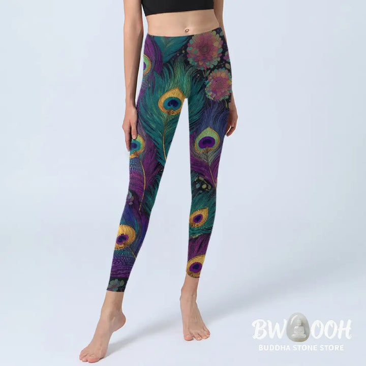 BWOOOH peacock print yoga leggings - Gorgeous Peacock Feather Flower Pattern 