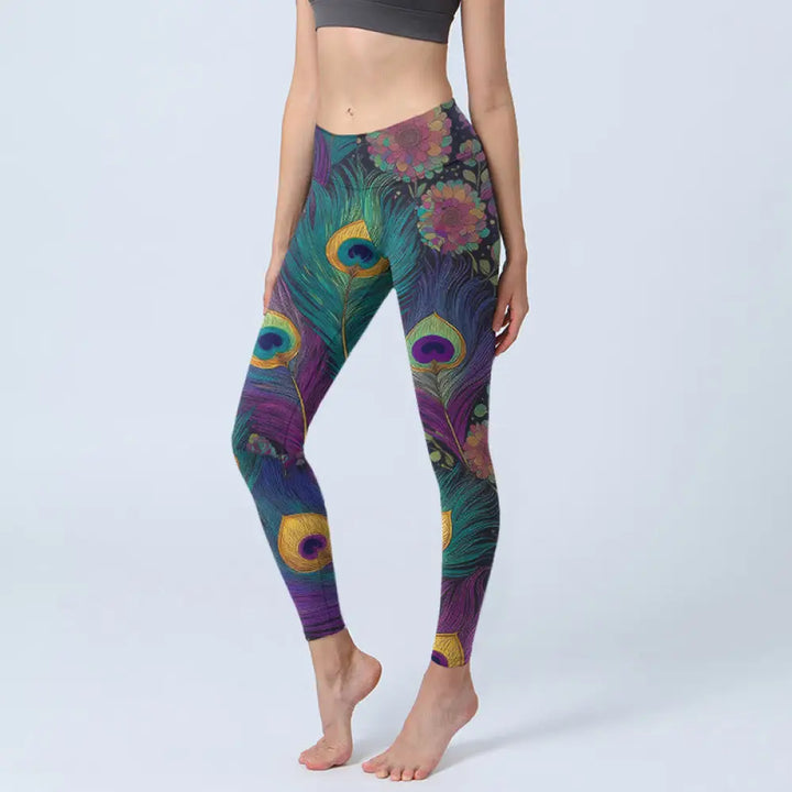 BWOOOH peacock print yoga leggings - Gorgeous Peacock Feather Flower Pattern 