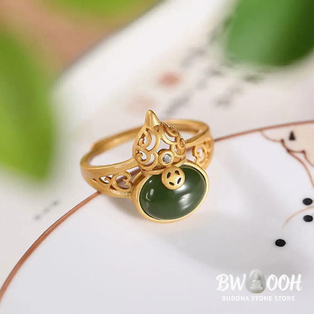 Buddha Stones Gourd Cyan Jade Copper Coin Success Luck Adjustable Ring - BWOOOH - Cyan Jade(Success♥Healing) - Ring