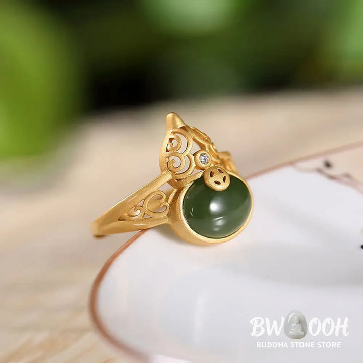 Buddha Stones Gourd Cyan Jade Copper Coin Success Luck Adjustable Ring - BWOOOH - Cyan Jade(Success♥Healing) - Ring