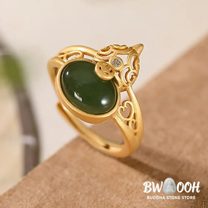 Buddha Stones Gourd Cyan Jade Copper Coin Success Luck Adjustable Ring - BWOOOH - Cyan Jade(Success♥Healing) - Ring