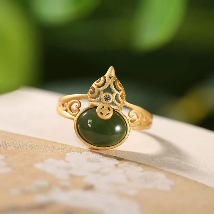 BWOOOH Gourd Cyan Jade Copper Coin Success Luck Adjustable Ring — Cyan Jade spiritual jewelry for spiritual healing and mi...