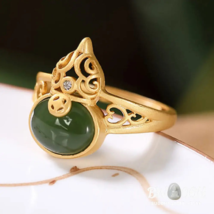 Buddha Stones Gourd Cyan Jade Copper Coin Success Luck Adjustable Ring - BWOOOH - Cyan Jade(Success♥Healing) - Ring