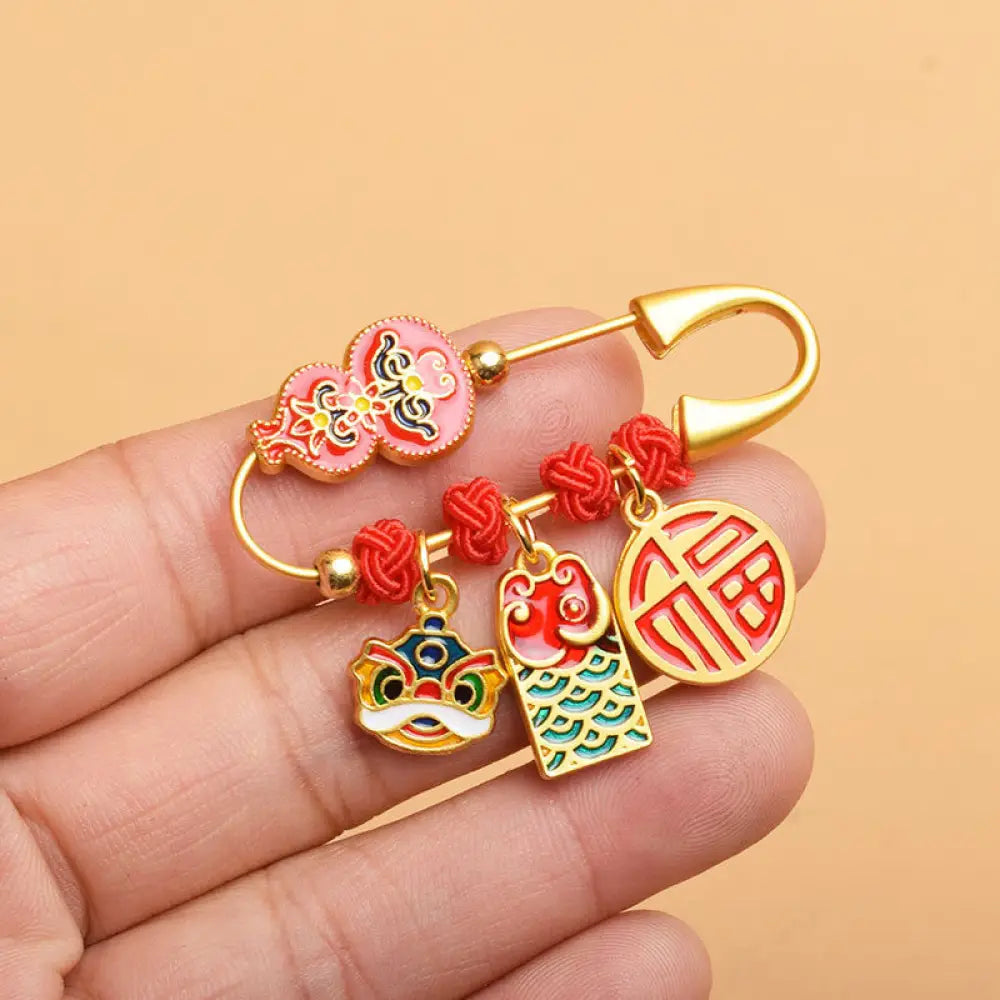 Buddha Stones Gourd Dancing Lion Fu Character Safe And Well Blessing Brooch - Gourd Fu Character - Brooch