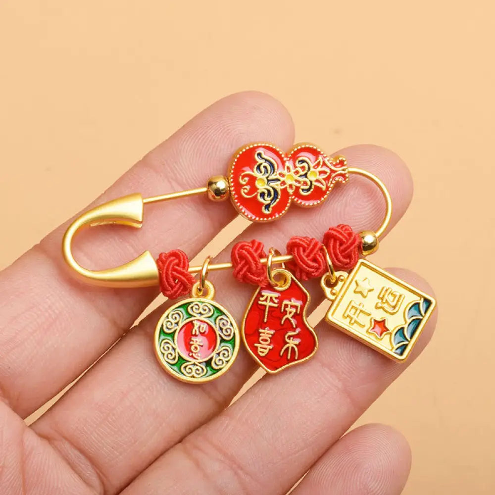 Buddha Stones Gourd Dancing Lion Fu Character Safe And Well Blessing Brooch - Gourd Good Luck - Brooch
