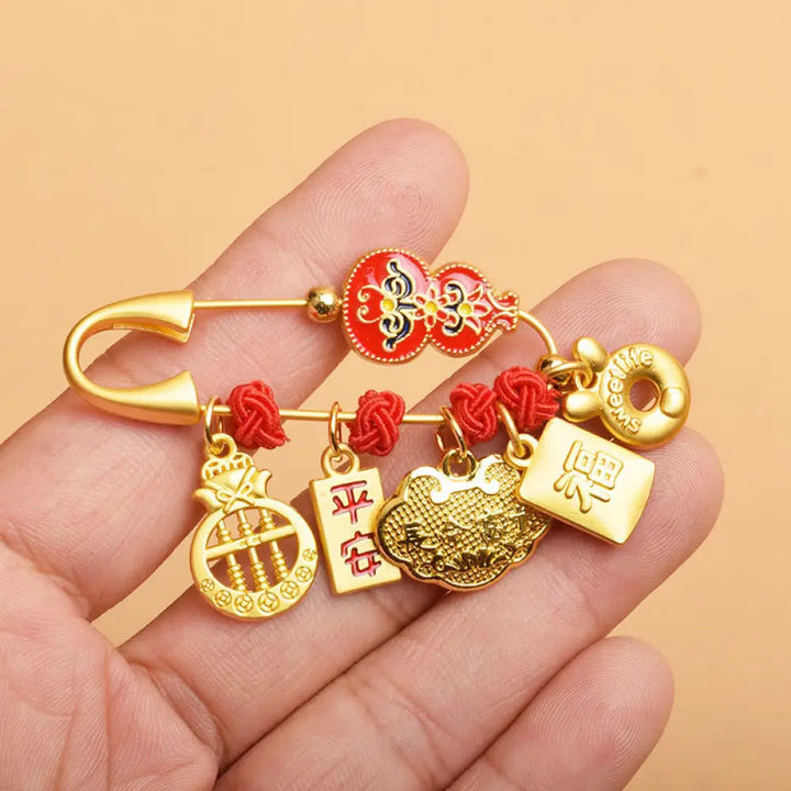 Buddha Stones Gourd Dancing Lion Fu Character Safe And Well Blessing Brooch - Gourd Lucky Bag - Brooch