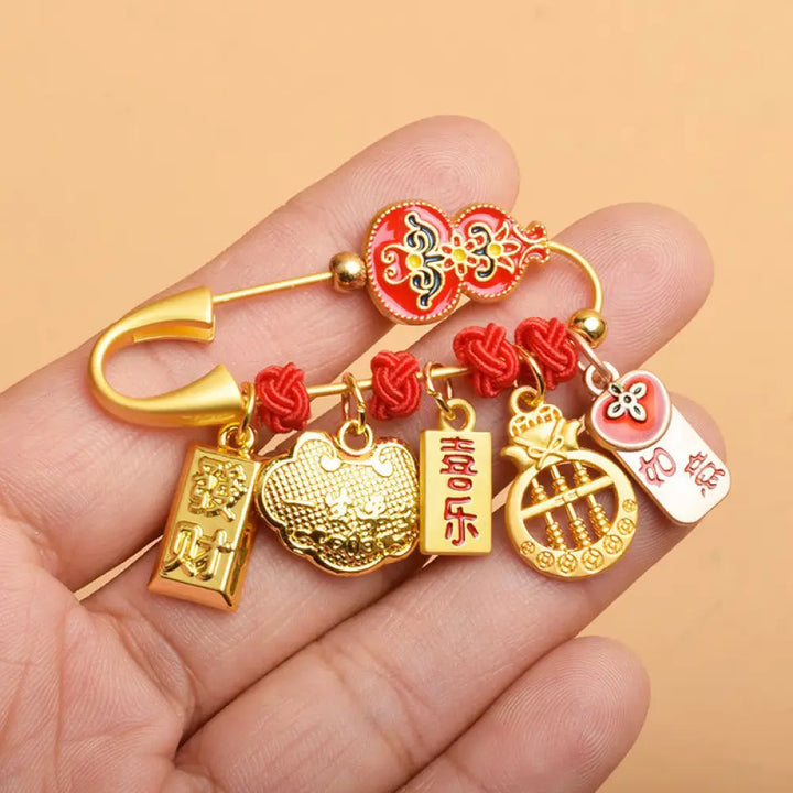 Buddha Stones Gourd Dancing Lion Fu Character Safe And Well Blessing Brooch - Gourd Persimmon Abacus - Brooch