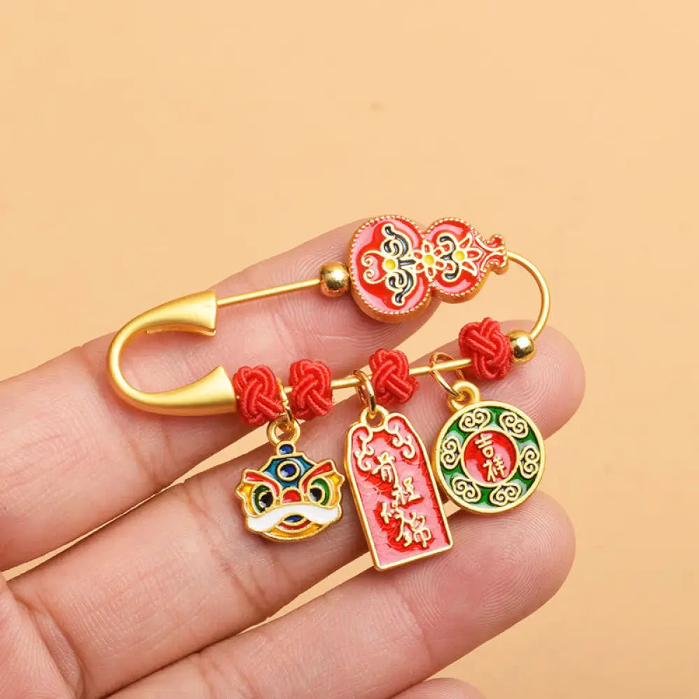 Buddha Stones Gourd Dancing Lion Fu Character Safe And Well Blessing Brooch - Gourd Prospect Full Fortune - Brooch