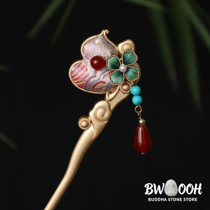 Buddha Stones Gourd Flower Pattern Red Agate Copper Calm Hairpin - Gourd Flower Pattern - Hairpin