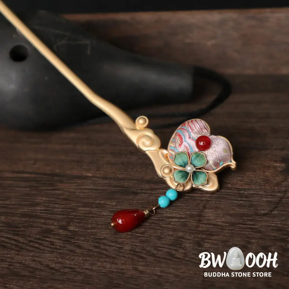 Buddha Stones Gourd Flower Pattern Red Agate Copper Calm Hairpin - Gourd Flower Pattern - Hairpin