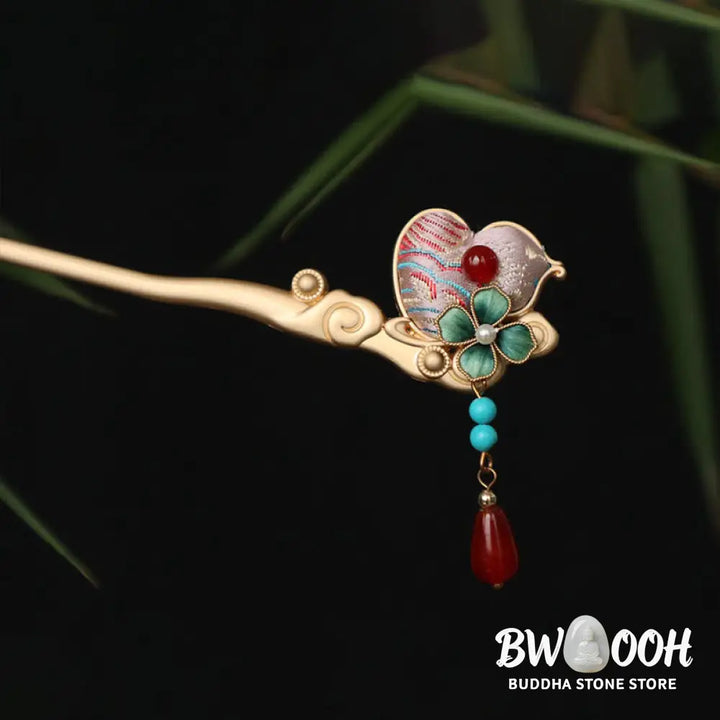 Buddha Stones Gourd Flower Pattern Red Agate Copper Calm Hairpin - Gourd Flower Pattern - Hairpin