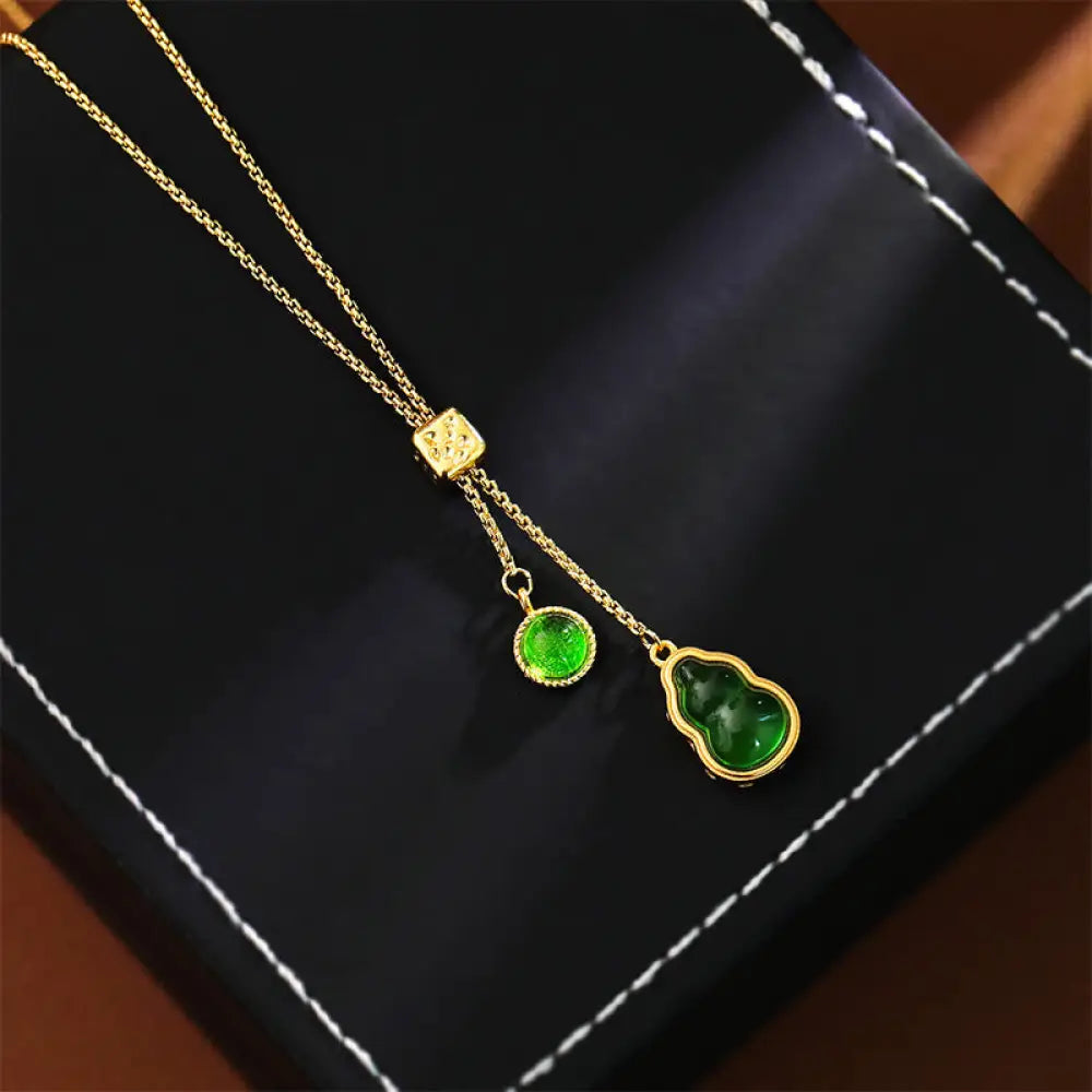Buddha Stones Gourd Green Agate Copper Inlaid Design Luck Necklace Pendant - BWOOOH - Gourd(Pendant Size: About