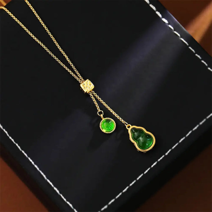 Buddha Stones Gourd Green Agate Copper Inlaid Design Luck Necklace Pendant - BWOOOH - Gourd(Pendant Size: About