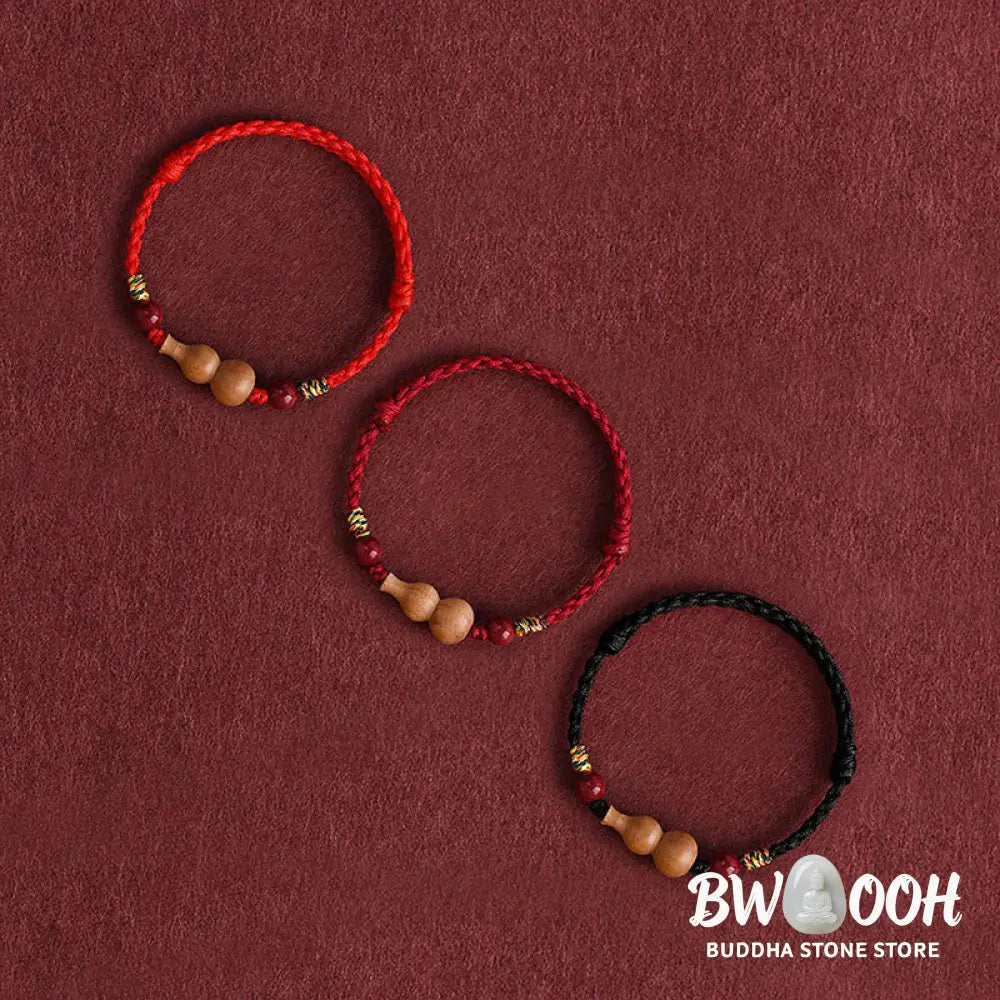 Buddha Stones Gourd Peach Wood Rope Adjustable Wealth Luck Bracelet - Bracelet