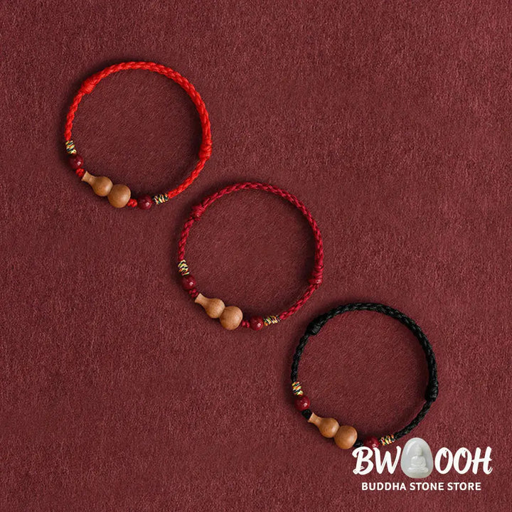 Buddha Stones Gourd Peach Wood Rope Adjustable Wealth Luck Bracelet - Bracelet