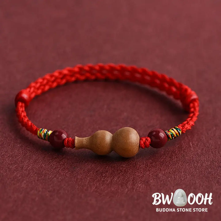Buddha Stones Gourd Peach Wood Rope Adjustable Wealth Luck Bracelet - Bracelet