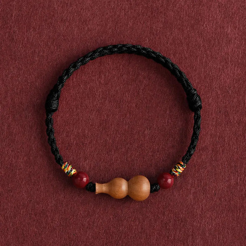 Buddha Stones Gourd Peach Wood Rope Adjustable Wealth Luck Bracelet - Black Rope(Wrist Circumference: 15-19cm)