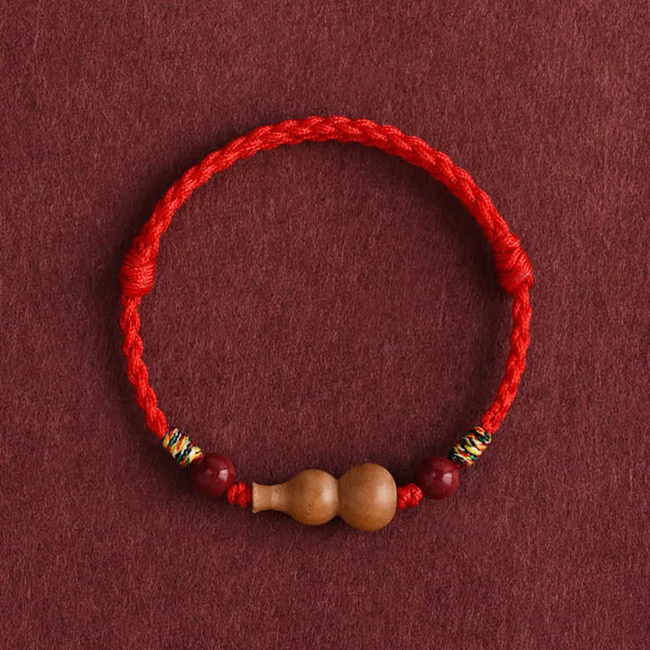 Buddha Stones Gourd Peach Wood Rope Adjustable Wealth Luck Bracelet - Red Rope(Wrist Circumference: 15-19cm) - Bracelet