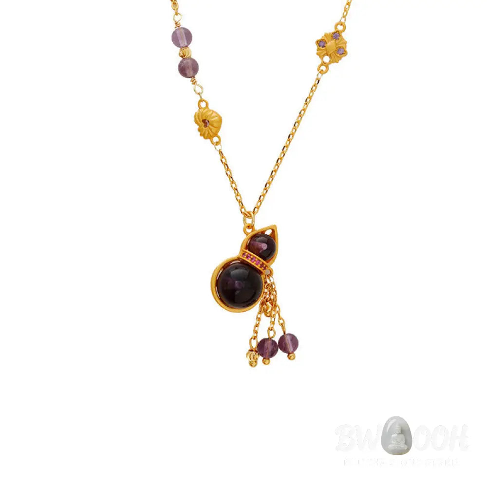 Buddha Stones Gourd Tassel Amethyst Copper Chain Meditation Necklace Pendant - BWOOOH - Gourd(Pendant Size: About