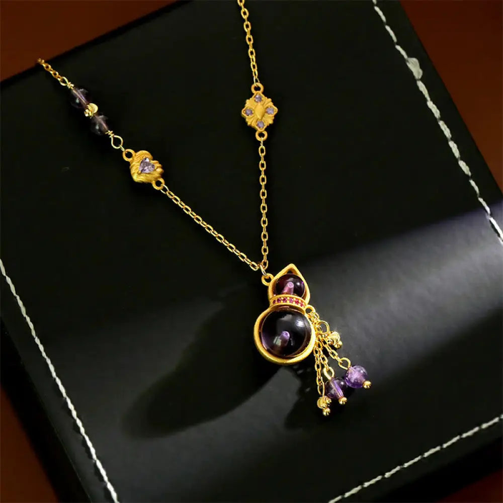 Buddha Stones Gourd Tassel Amethyst Copper Chain Meditation Necklace Pendant - BWOOOH - Gourd(Pendant Size: About